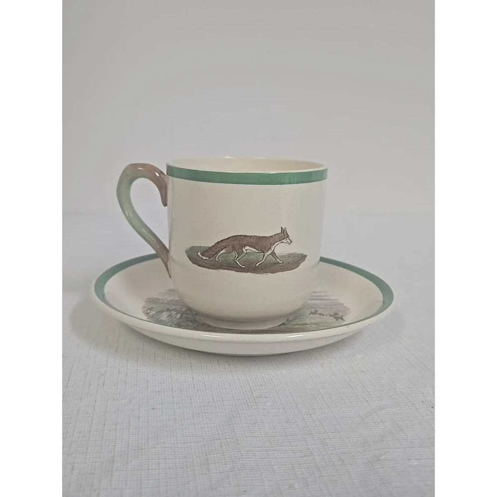 Copeland Spode England Herring Hunt‎ Green #4 Footed Demitasse Cup and #2 Saucer